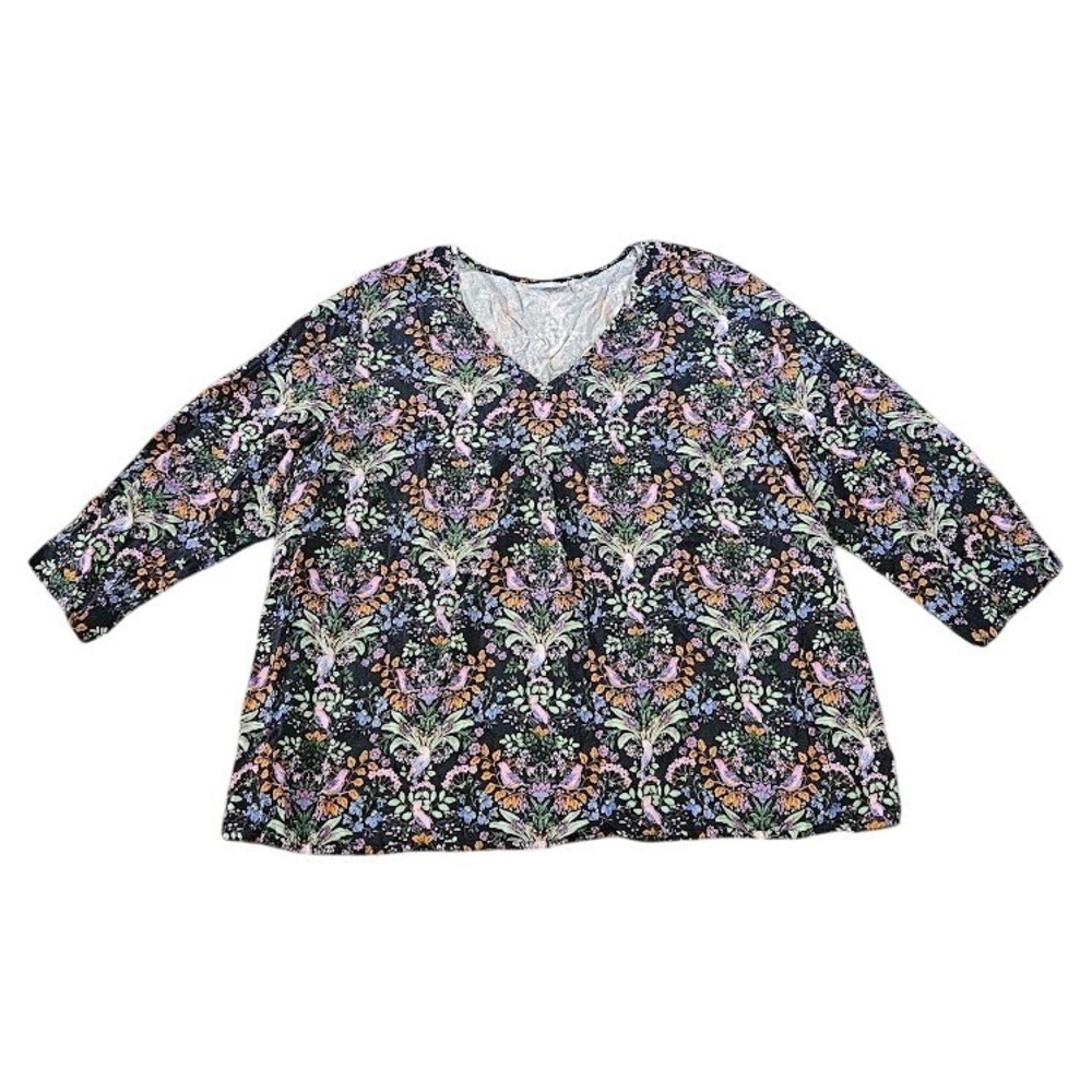 J. Jill Women 2X Tunic Top V-Neck Bird Floral Purple Multicolor Boho Blouse